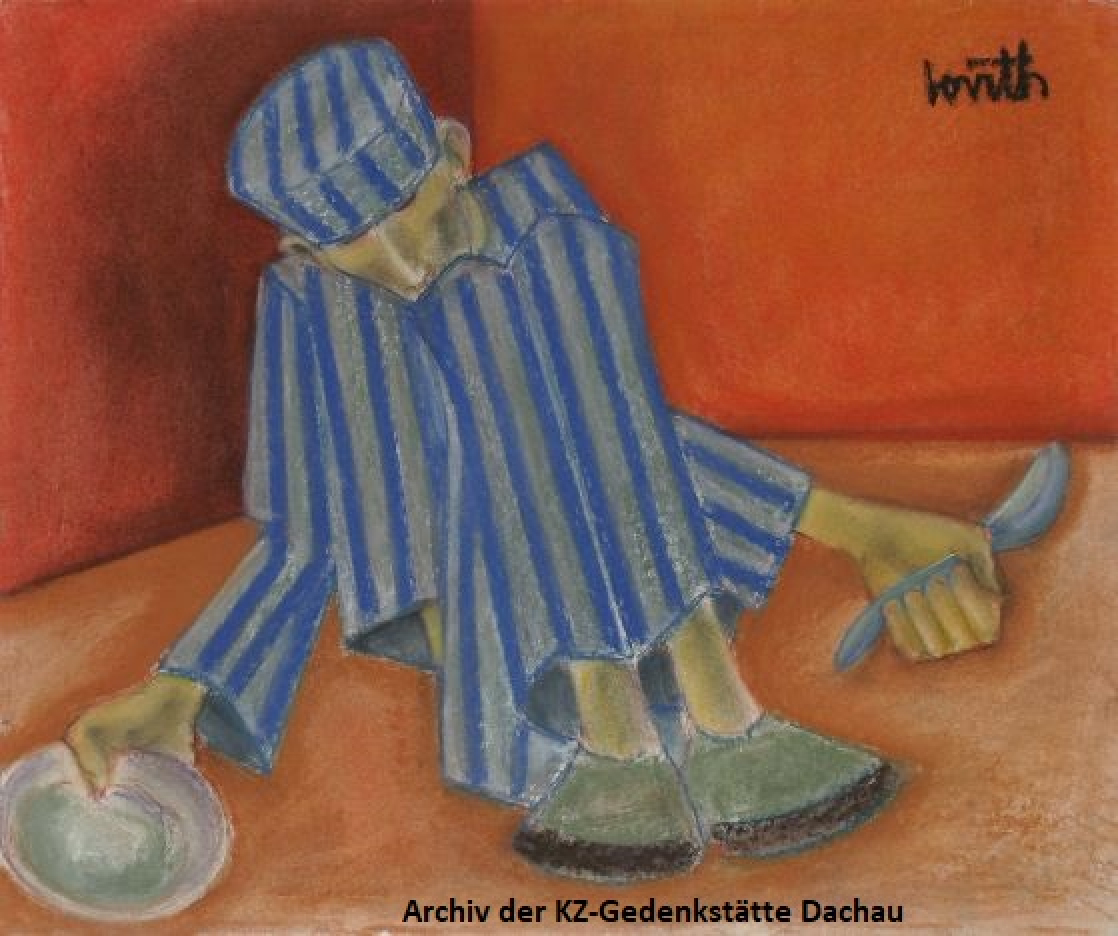 An emaciated prisoner slumps in a corner. He seems weak, his arms fall to his sides, he has pulled his knees up to his chest. His head droops to the side. He clutches a spoon in one hand and a plate in the other.